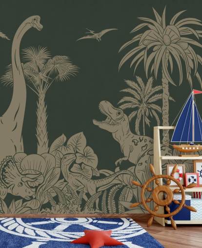gröna barn dinosaurie tapetväggmålning som heter Monochrome Dino - Vintage Green av Kikki Belle för sovrum gröna barn dinosaurie tapetväggmålning som heter Monochrome Dino - Vintage Green av Kikki Belle för sovrum