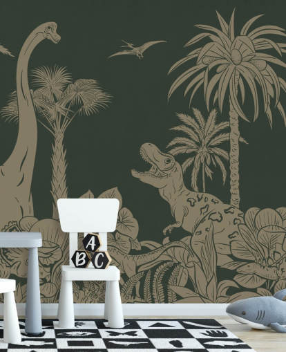 grønne barnedinosaurtapetveggmaleri kalt Monochrome Dino - Vintage Green av Kikki Belle for soverom