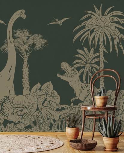 papier peint mural vert en forme de dinosaure pour enfants appelé Monochrome Dino - Vintage Green de Kikki Belle pour les chambres papier peint mural vert en forme de dinosaure pour enfants appelé Monochrome Dino - Vintage Green de Kikki Belle pour les chambres