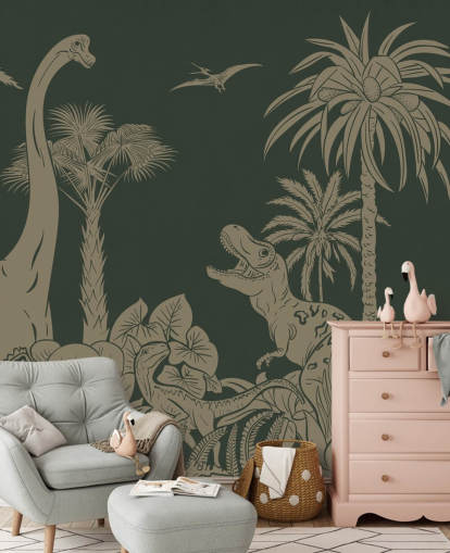 papier peint mural vert en forme de dinosaure pour enfants appelé Monochrome Dino - Vintage Green de Kikki Belle pour les chambres papier peint mural vert en forme de dinosaure pour enfants appelé Monochrome Dino - Vintage Green de Kikki Belle pour les chambres
