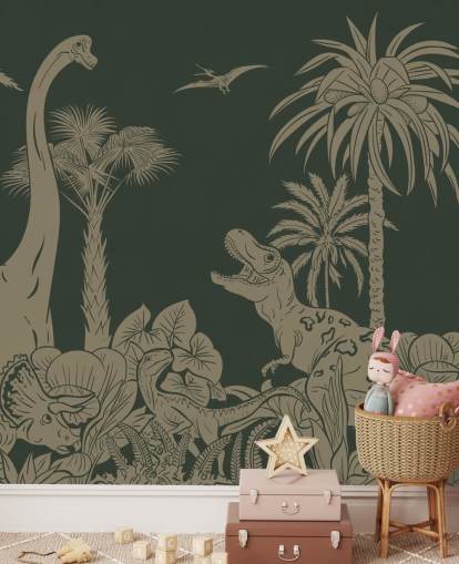 mural de papel de parede de dinossauro infantil verde chamado Monochrome Dino - Vintage Green de Kikki Belle para quartos