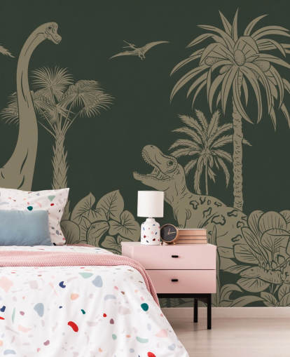 mural de papel pintado de dinosaurios verdes para niños llamado Monochrome Dino - Vintage Green de Kikki Belle para dormitorios mural de papel pintado de dinosaurios verdes para niños llamado Monochrome Dino - Vintage Green de Kikki Belle para dormitorios