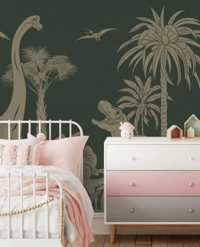 papier peint mural vert en forme de dinosaure pour enfants appelé Monochrome Dino - Vintage Green de Kikki Belle pour les chambres papier peint mural vert en forme de dinosaure pour enfants appelé Monochrome Dino - Vintage Green de Kikki Belle pour les chambres
