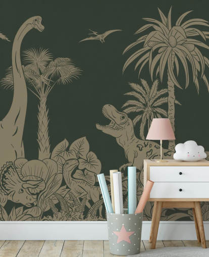 papier peint mural vert en forme de dinosaure pour enfants appelé Monochrome Dino - Vintage Green de Kikki Belle pour les chambres