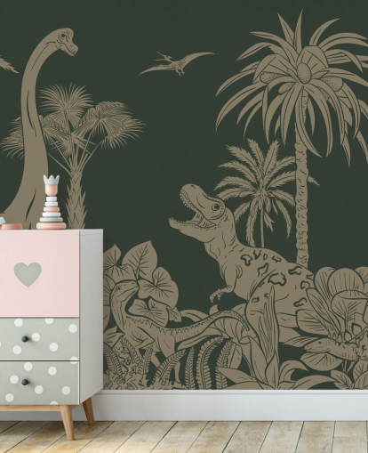 groene dinosaurusbehangmuurschildering voor kinderen genaamd Monochrome Dino - Vintage Green van Kikki Belle voor slaapkamers