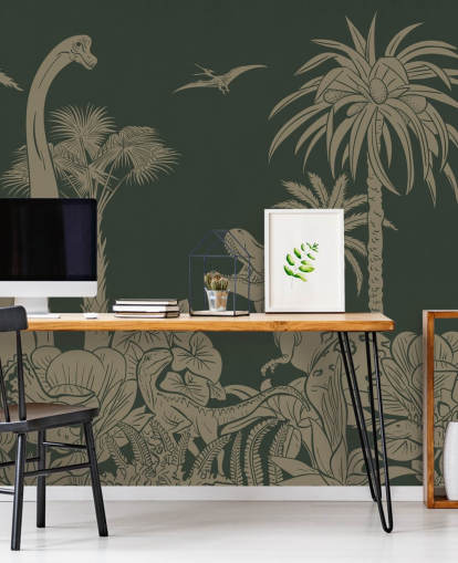green kids dinosaur wallpaper mural called Monochrome Dino - Vintage Green by Kikki Belle for bedrooms green kids dinosaur wallpaper mural called Monochrome Dino - Vintage Green by Kikki Belle for bedrooms