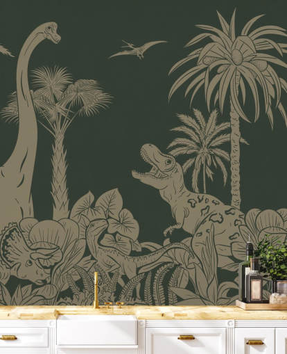 green kids dinosaur wallpaper mural called Monochrome Dino - Vintage Green by Kikki Belle for bedrooms