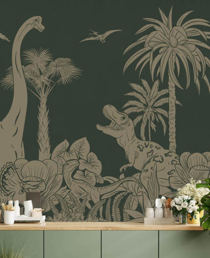 Carta da parati murale verde per bambini con dinosauri Monochrome Dino - Vintage Green di Kikki Belle per camere da letto Carta da parati murale verde per bambini con dinosauri Monochrome Dino - Vintage Green di Kikki Belle per camere da letto