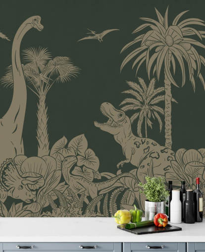 mural de papel de parede de dinossauro infantil verde chamado Monochrome Dino - Vintage Green de Kikki Belle para quartos mural de papel de parede de dinossauro infantil verde chamado Monochrome Dino - Vintage Green de Kikki Belle para quartos