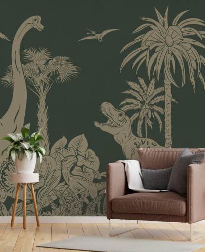 gröna barn dinosaurie tapetväggmålning som heter Monochrome Dino - Vintage Green av Kikki Belle för sovrum gröna barn dinosaurie tapetväggmålning som heter Monochrome Dino - Vintage Green av Kikki Belle för sovrum