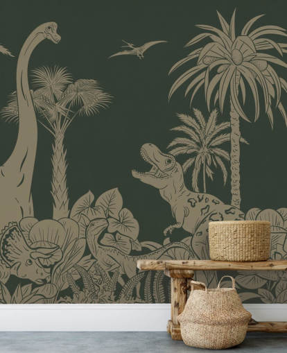 mural de papel pintado de dinosaurios verdes para niños llamado Monochrome Dino - Vintage Green de Kikki Belle para dormitorios mural de papel pintado de dinosaurios verdes para niños llamado Monochrome Dino - Vintage Green de Kikki Belle para dormitorios