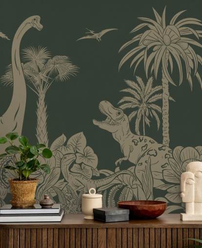 mural de papel pintado de dinosaurios verdes para niños llamado Monochrome Dino - Vintage Green de Kikki Belle para dormitorios