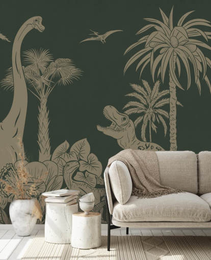 groene dinosaurusbehangmuurschildering voor kinderen genaamd Monochrome Dino - Vintage Green van Kikki Belle voor slaapkamers groene dinosaurusbehangmuurschildering voor kinderen genaamd Monochrome Dino - Vintage Green van Kikki Belle voor slaapkamers
