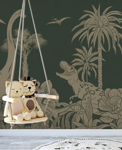 groene dinosaurusbehangmuurschildering voor kinderen genaamd Monochrome Dino - Vintage Green van Kikki Belle voor slaapkamers