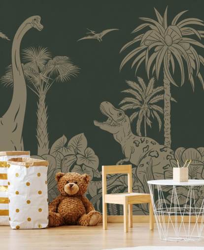 green kids dinosaur wallpaper mural called Monochrome Dino - Vintage Green by Kikki Belle for bedrooms