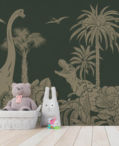 green kids dinosaur wallpaper mural called Monochrome Dino - Vintage Green by Kikki Belle for bedrooms