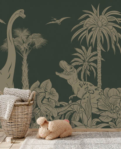Grünes Dinosaurier-Tapetenbild für Kinder namens Monochrome Dino - Vintage Green von Kikki Belle für Schlafzimmer