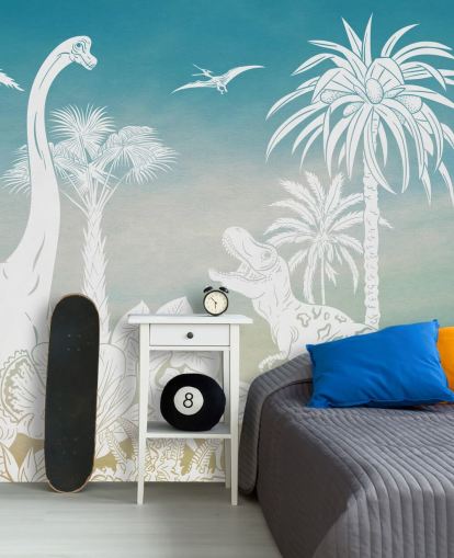 blauwe dinosaurusbehangmuurschildering voor kinderen genaamd Monochrome Dino - Blue Sky van Kikki Belle voor slaapkamers blauwe dinosaurusbehangmuurschildering voor kinderen genaamd Monochrome Dino - Blue Sky van Kikki Belle voor slaapkamers