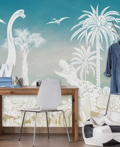 papier peint mural de dinosaure bleu pour enfants appelé Monochrome Dino - Blue Sky de Kikki Belle pour chambres