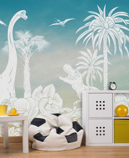 mural de papel pintado de dinosaurios azules para niños llamado Monochrome Dino - Blue Sky de Kikki Belle para dormitorios