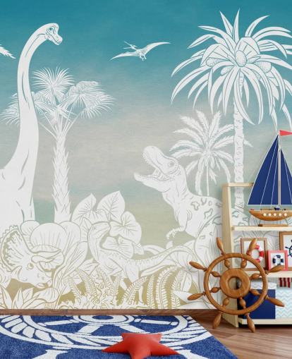 mural de papel pintado de dinosaurios azules para niños llamado Monochrome Dino - Blue Sky de Kikki Belle para dormitorios