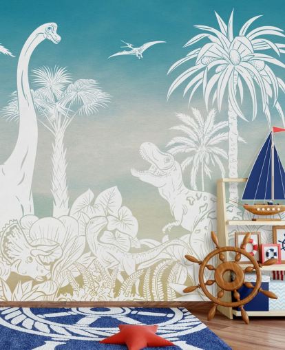 blå børns dinosaur tapetmaleri kaldet Monochrome Dino - Blue Sky af Kikki Belle til soveværelser