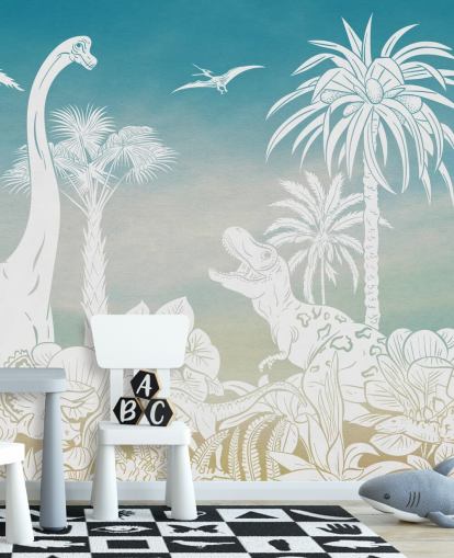 blue kids dinosaur wallpaper mural called Monochrome Dino - Blue Sky by Kikki Belle for bedrooms blue kids dinosaur wallpaper mural called Monochrome Dino - Blue Sky by Kikki Belle for bedrooms