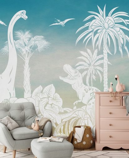 blå barnedinosaur tapet veggmaleri kalt Monochrome Dino - Blue Sky av Kikki Belle for soverom