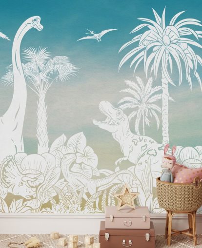 papier peint mural de dinosaure bleu pour enfants appelé Monochrome Dino - Blue Sky de Kikki Belle pour chambres papier peint mural de dinosaure bleu pour enfants appelé Monochrome Dino - Blue Sky de Kikki Belle pour chambres