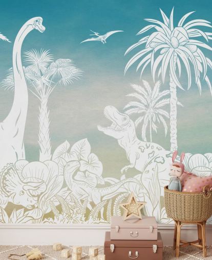 blue kids dinosaur wallpaper mural called Monochrome Dino - Blue Sky by Kikki Belle for bedrooms