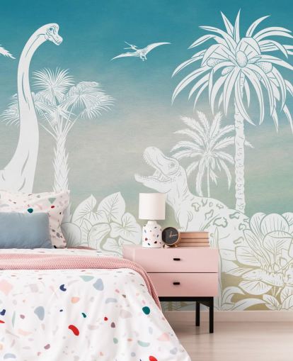 papier peint mural de dinosaure bleu pour enfants appelé Monochrome Dino - Blue Sky de Kikki Belle pour chambres
