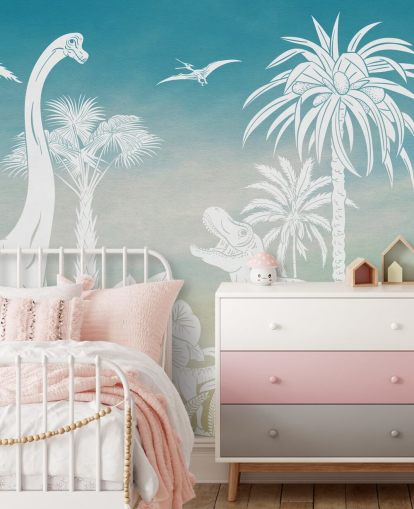 mural de papel pintado de dinosaurios azules para niños llamado Monochrome Dino - Blue Sky de Kikki Belle para dormitorios