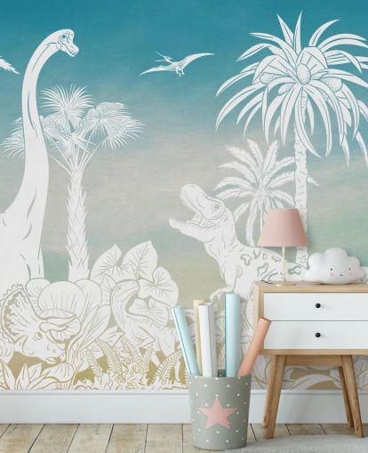 blue kids dinosaur wallpaper mural called Monochrome Dino - Blue Sky by Kikki Belle for bedrooms blue kids dinosaur wallpaper mural called Monochrome Dino - Blue Sky by Kikki Belle for bedrooms