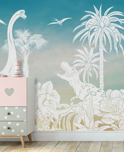 Carta da parati murale blu per bambini con dinosauri Monochrome Dino - Blue Sky di Kikki Belle per camere da letto