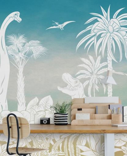 blue kids dinosaur wallpaper mural called Monochrome Dino - Blue Sky by Kikki Belle for bedrooms