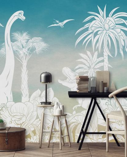 mural de papel pintado de dinosaurios azules para niños llamado Monochrome Dino - Blue Sky de Kikki Belle para dormitorios