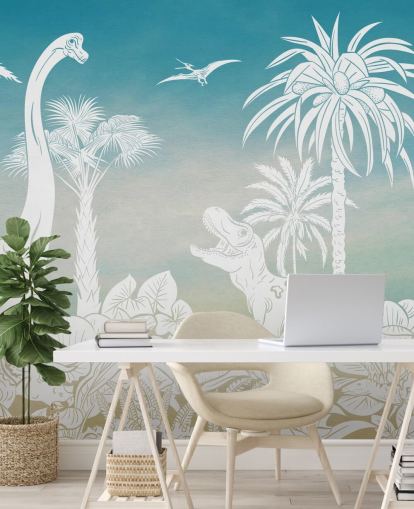 blue kids dinosaur wallpaper mural called Monochrome Dino - Blue Sky by Kikki Belle for bedrooms blue kids dinosaur wallpaper mural called Monochrome Dino - Blue Sky by Kikki Belle for bedrooms