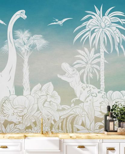 blue kids dinosaur wallpaper mural called Monochrome Dino - Blue Sky by Kikki Belle for bedrooms