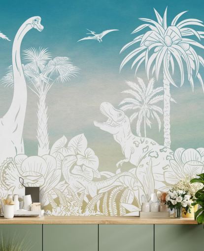 mural de papel pintado de dinosaurios azules para niños llamado Monochrome Dino - Blue Sky de Kikki Belle para dormitorios mural de papel pintado de dinosaurios azules para niños llamado Monochrome Dino - Blue Sky de Kikki Belle para dormitorios