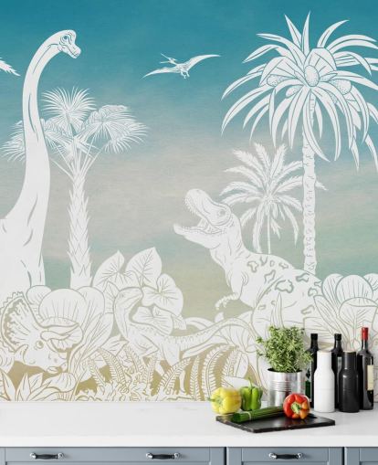 blue kids dinosaur wallpaper mural called Monochrome Dino - Blue Sky by Kikki Belle for bedrooms blue kids dinosaur wallpaper mural called Monochrome Dino - Blue Sky by Kikki Belle for bedrooms