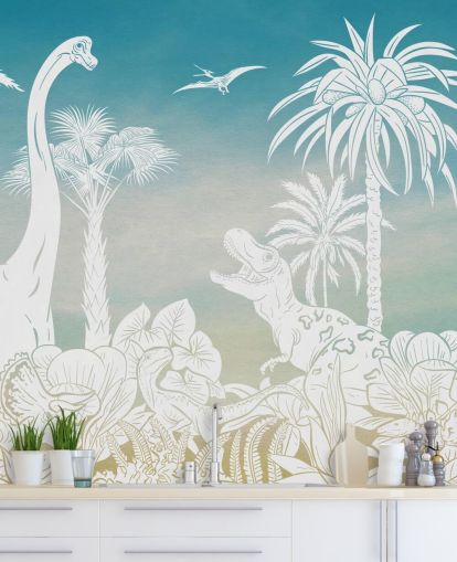 blue kids dinosaur wallpaper mural called Monochrome Dino - Blue Sky by Kikki Belle for bedrooms