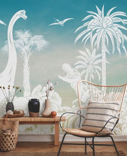 blå barnedinosaur tapet veggmaleri kalt Monochrome Dino - Blue Sky av Kikki Belle for soverom