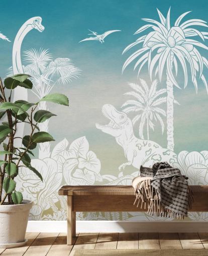 blå barndinosaurie tapetväggmålning kallad Monochrome Dino - Blue Sky av Kikki Belle för sovrum