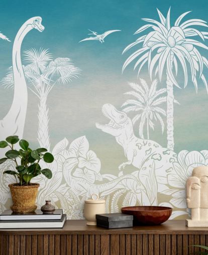 blue kids dinosaur wallpaper mural called Monochrome Dino - Blue Sky by Kikki Belle for bedrooms