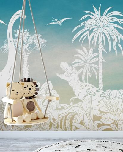 blue kids dinosaur wallpaper mural called Monochrome Dino - Blue Sky by Kikki Belle for bedrooms blue kids dinosaur wallpaper mural called Monochrome Dino - Blue Sky by Kikki Belle for bedrooms