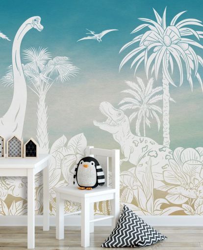 mural de papel de parede de dinossauro infantil azul chamado Monochrome Dino - Blue Sky de Kikki Belle para quartos