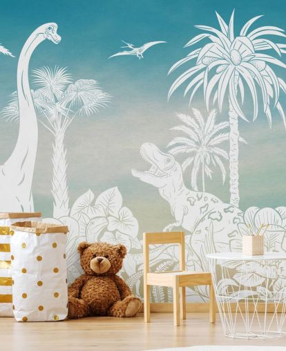 blå barnedinosaur tapet veggmaleri kalt Monochrome Dino - Blue Sky av Kikki Belle for soverom