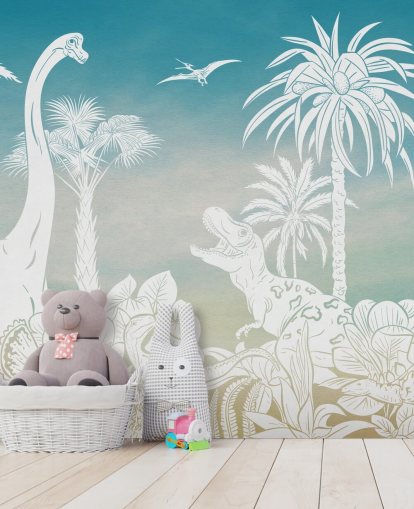 mural de papel de parede de dinossauro infantil azul chamado Monochrome Dino - Blue Sky de Kikki Belle para quartos
