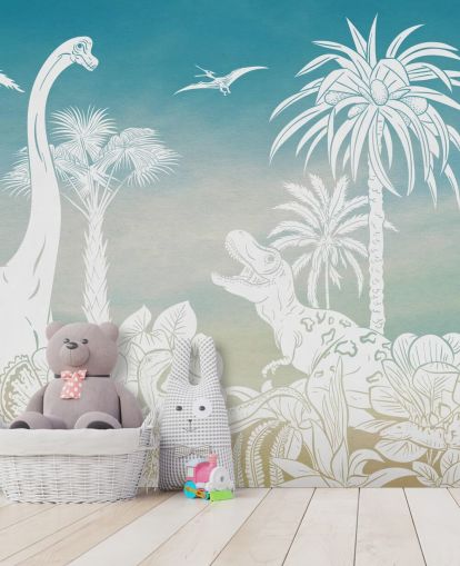 blue kids dinosaur wallpaper mural called Monochrome Dino - Blue Sky by Kikki Belle for bedrooms