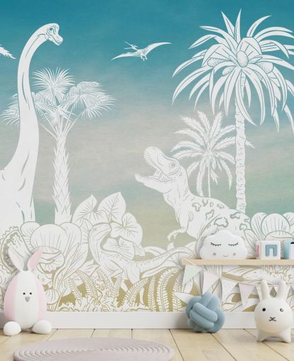 papier peint mural de dinosaure bleu pour enfants appelé Monochrome Dino - Blue Sky de Kikki Belle pour chambres papier peint mural de dinosaure bleu pour enfants appelé Monochrome Dino - Blue Sky de Kikki Belle pour chambres